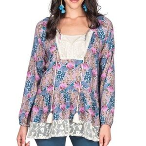 Matilda Jane Sew Perfect Floral Boho Lace Tassel Long Sleeve Top Large Blue Pink